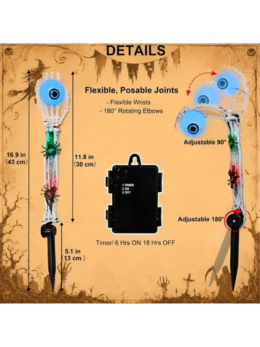 Halloween Decorations Skeleton Arms Hands 2 Packs with Blue Eyeball Lights